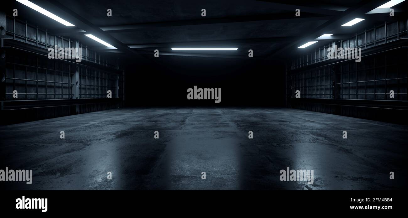 Hormigón Oscuro Led White Lights Subterráneo Túnel Corredor Aglomerado Asfáltico Pasillo Almacén Túnel Corredor Metal Estructura Realista Vacío 3D Renderi Foto de stock