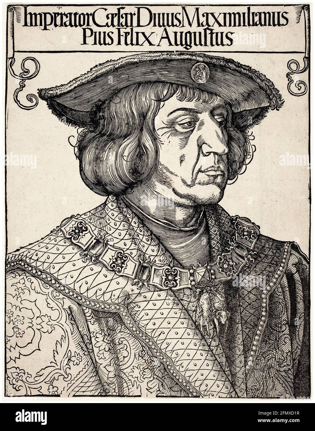 Maximiliano I (1459-1519), Emperador Santo Romano 1508-1519, grabado en madera de Albrecht Durer, alrededor de 1518 Foto de stock