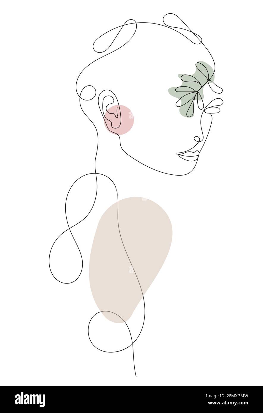 Boho rostro de mujer en el vector abstracto de arte de pared. Retrato  surrealista, cara de chica y hojas en estilo de línea. Botánica abstracta  de moda, cuadro floral, minima Imagen Vector