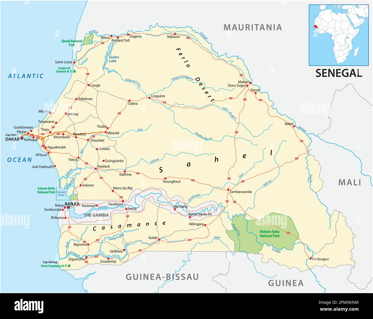 Mapa de carreteras vectoriales del estado de África occidental del Senegal Ilustración del Vector