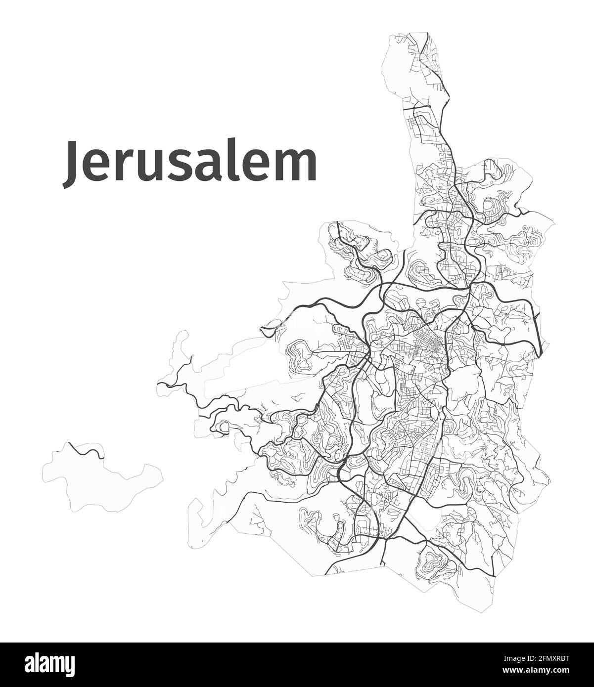 Mapa de Jerusalén. Mapa detallado de la zona administrativa de la ciudad de Jerusalén. Panorama de la ciudad. Ilustración vectorial sin derechos de autor. Mapa de líneas con autopistas, st Ilustración del Vector