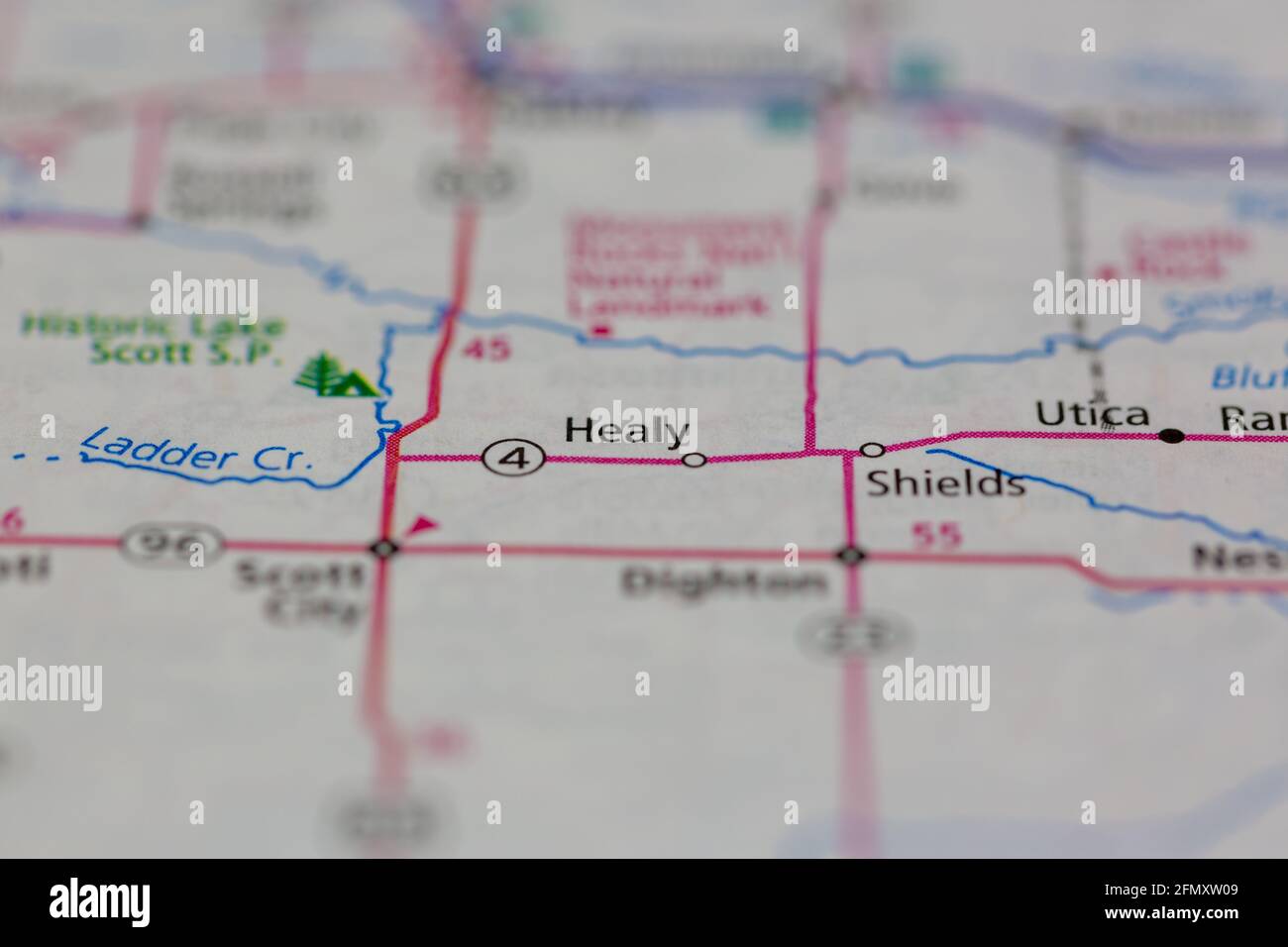 Healy Kansas USA se muestra en un mapa geográfico o carretera Mapa Foto de stock