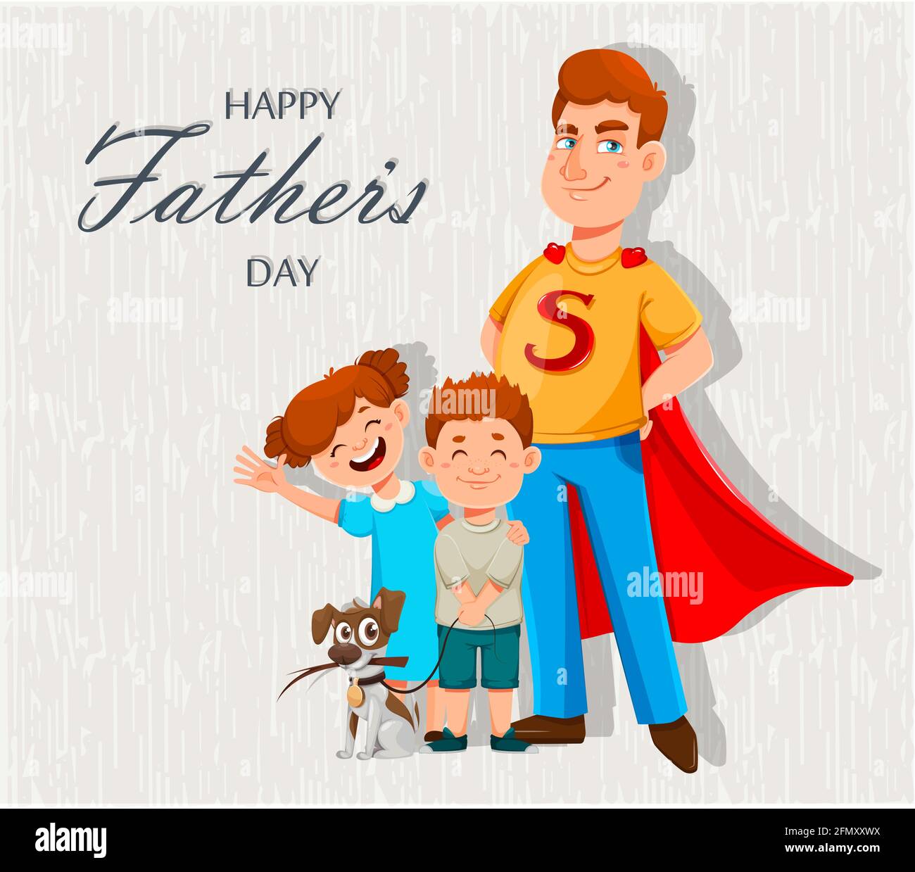 Tarjeta de felicitación para el día del Padre. Papá con traje de superhéroe  se pone de pie con su hijo y su hija. Personajes animados alegres.  Ilustración vectorial Imagen Vector de stock -