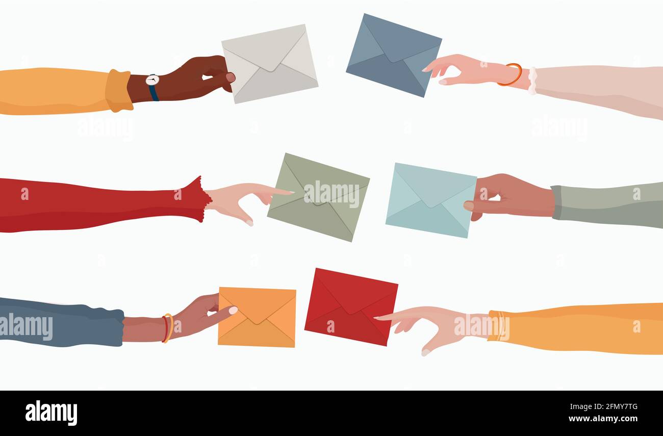 Brazos y manos de personas multiétnicas que tienen un correo electrónico como concepto de información de correo electrónico y compartir en línea. Enviar y recibir mensajes. Equipo Ilustración del Vector