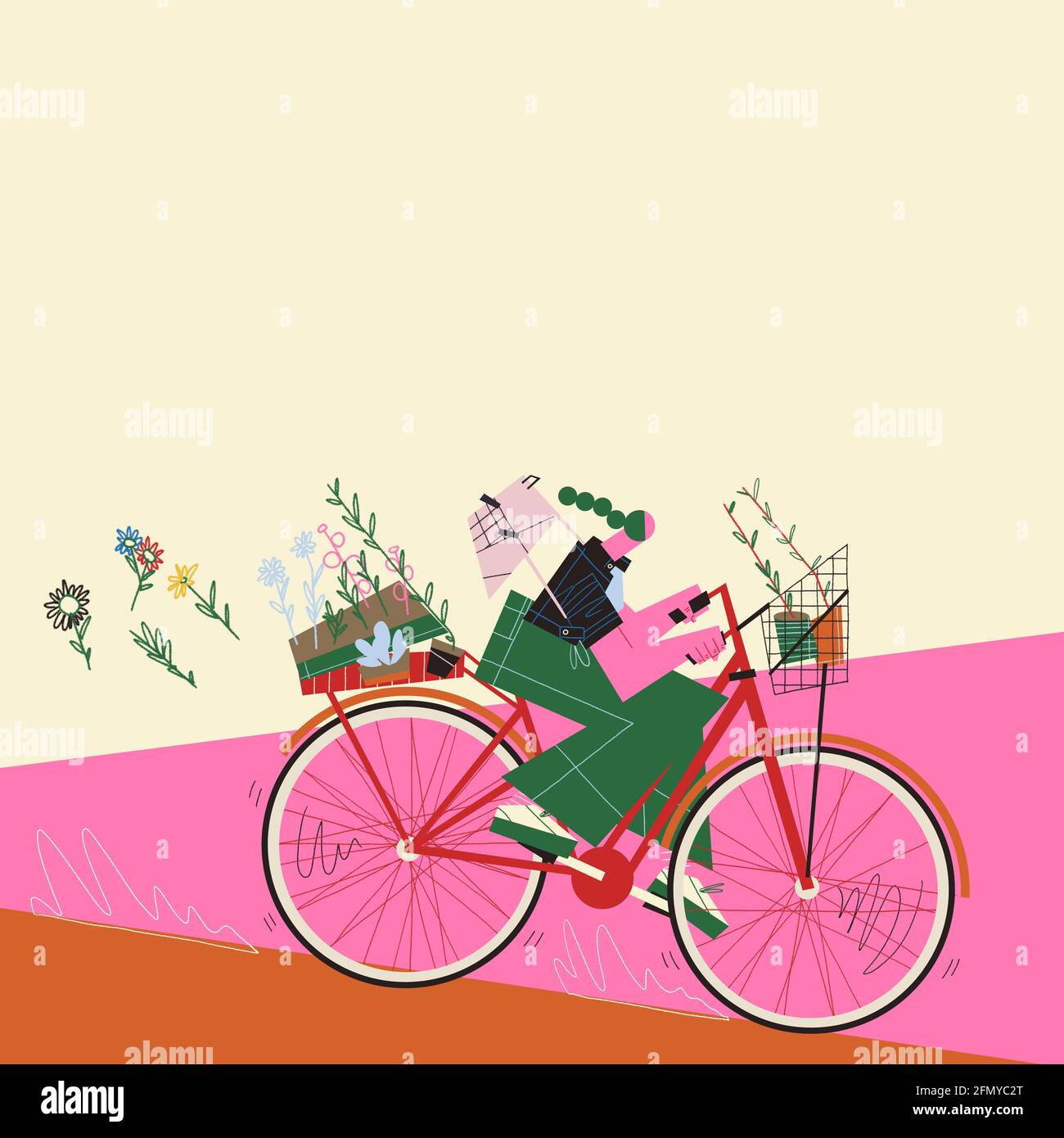 Joven mujer adulta montando su bicicleta transportando plantas y macetas a través de la calle moviéndose rápidamente. Concepto de ecologismo y ecologismo. Foto de stock