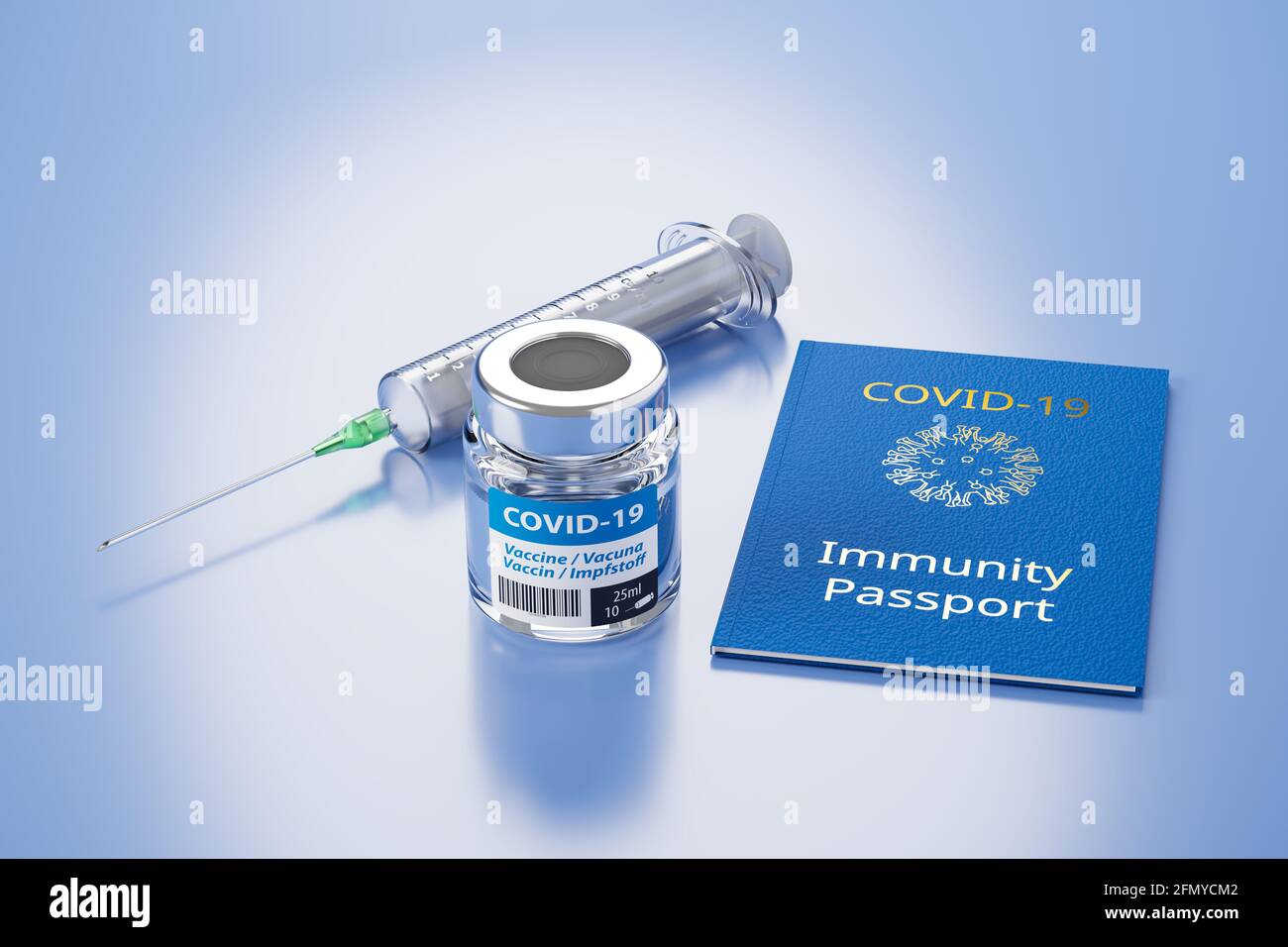 Concepto de pasaporte de inmunidad: Un vial de vacuna Covid-19, una jeringa y un pasaporte de inmunidad se embolsaron sobre una superficie azul. Foto de stock