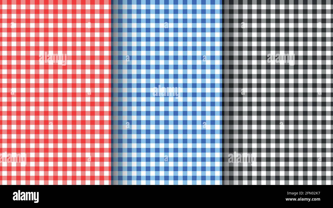 Conjunto de diseño sin costuras Gingham. Rojo, azul, negro y blanco a  cuadros texturas para manta de picnic, mantel, cuadros. Colección de fondo  geométrico de tela. Ilustración de vector plano Imagen Vector