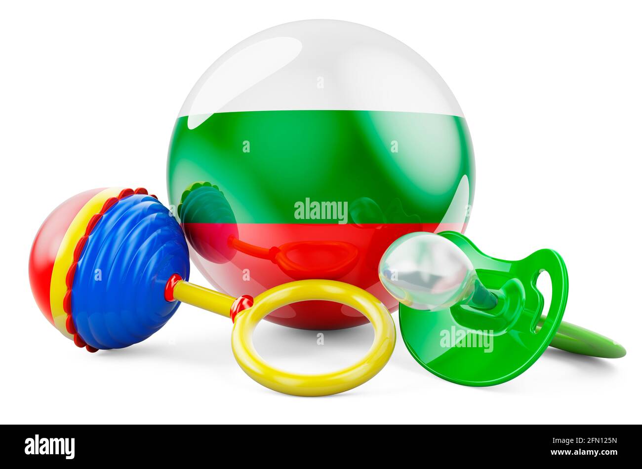 Tasa de natalidad y concepto de crianza en Bulgaria. Chupete de bebé y  sonajero con bandera búlgara, 3D renderizado aislado sobre fondo blanco  Fotografía de stock - Alamy