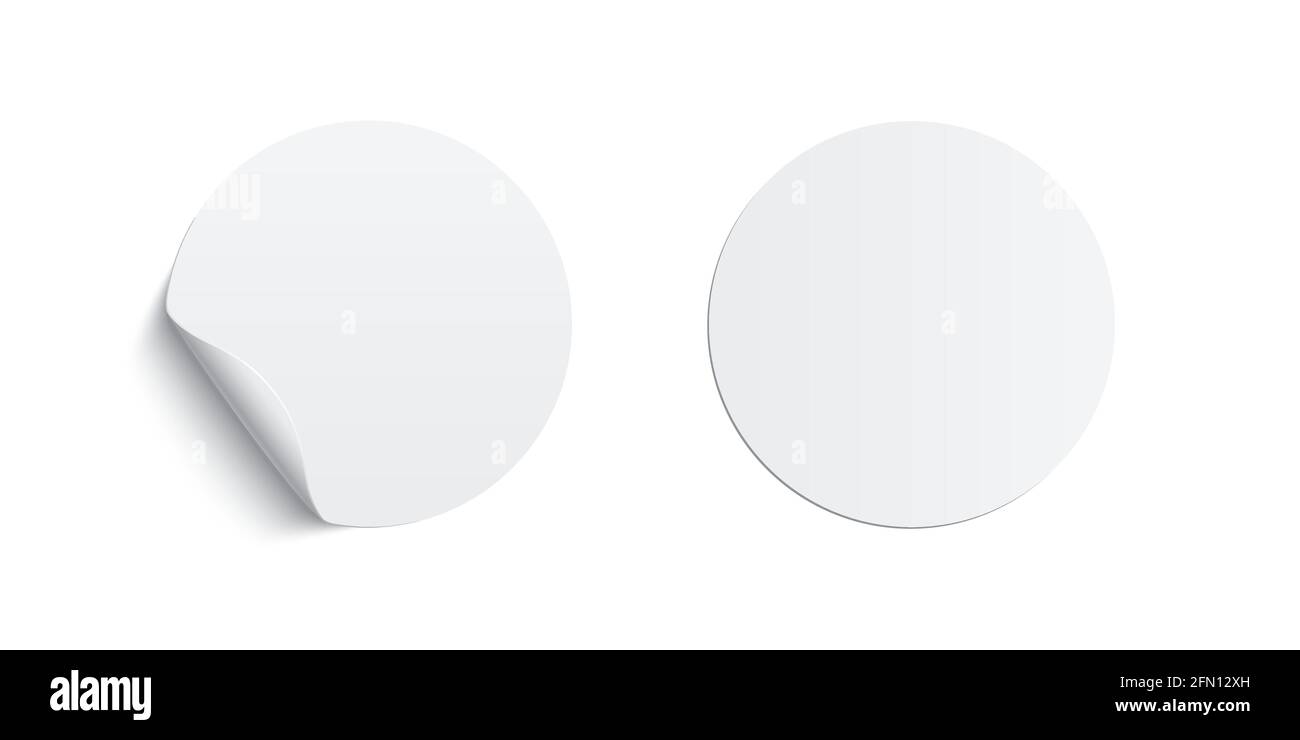 Juego rizos de pegatinas redondas pegadas blancas. 3d etiquetas de en blanco forma circular ilustración vectorial. Placa de mal arrugada con efecto pelado y listo Imagen Vector de stock -