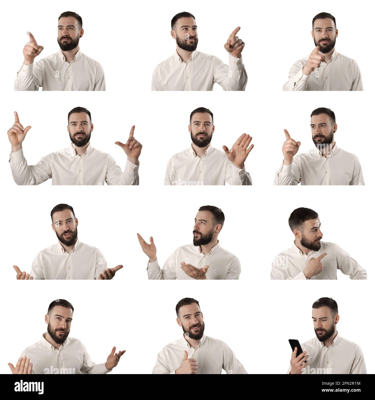 Conjunto de disparos de hombre de negocios con muchos gestos de la pantalla táctil y, a continuación, hablar feliz. Retratos aislados sobre fondo blanco. Foto de stock