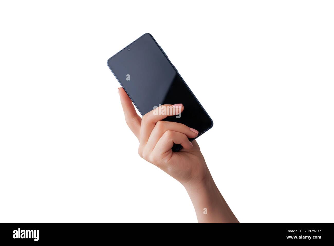 Teléfono inteligente moderno con diseño de mano aislado. Concepto de tecnología móvil Foto de stock