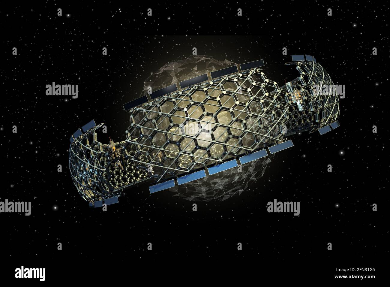 3D Renderización de una nave espacial gigante de malla de panal de abeja  con una fuente de energía en el centro, para gráficos de ciencia ficción o  fondos de juegos Fotografía de