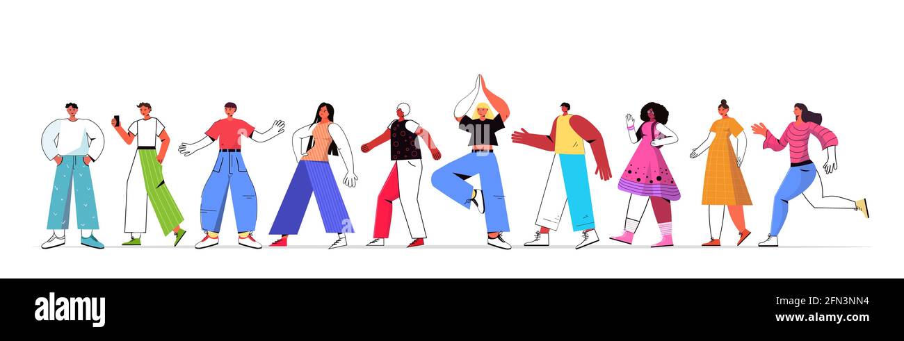 set mezcla raza hombre mujer en ropa de moda casual mujer colección de personajes de dibujos animados masculinos Imagen Vector de stock -