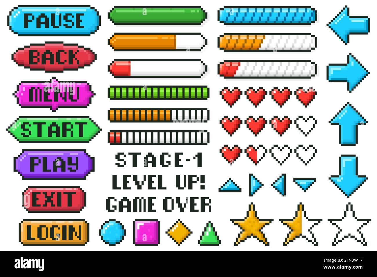 Botones del menú del juego de píxeles. Juego 8 bits UI de flechas de  controlador, nivel y barras en vivo, menú, detener, reproducir botones  vector ilustración conjunto. Botones del menú de juegos