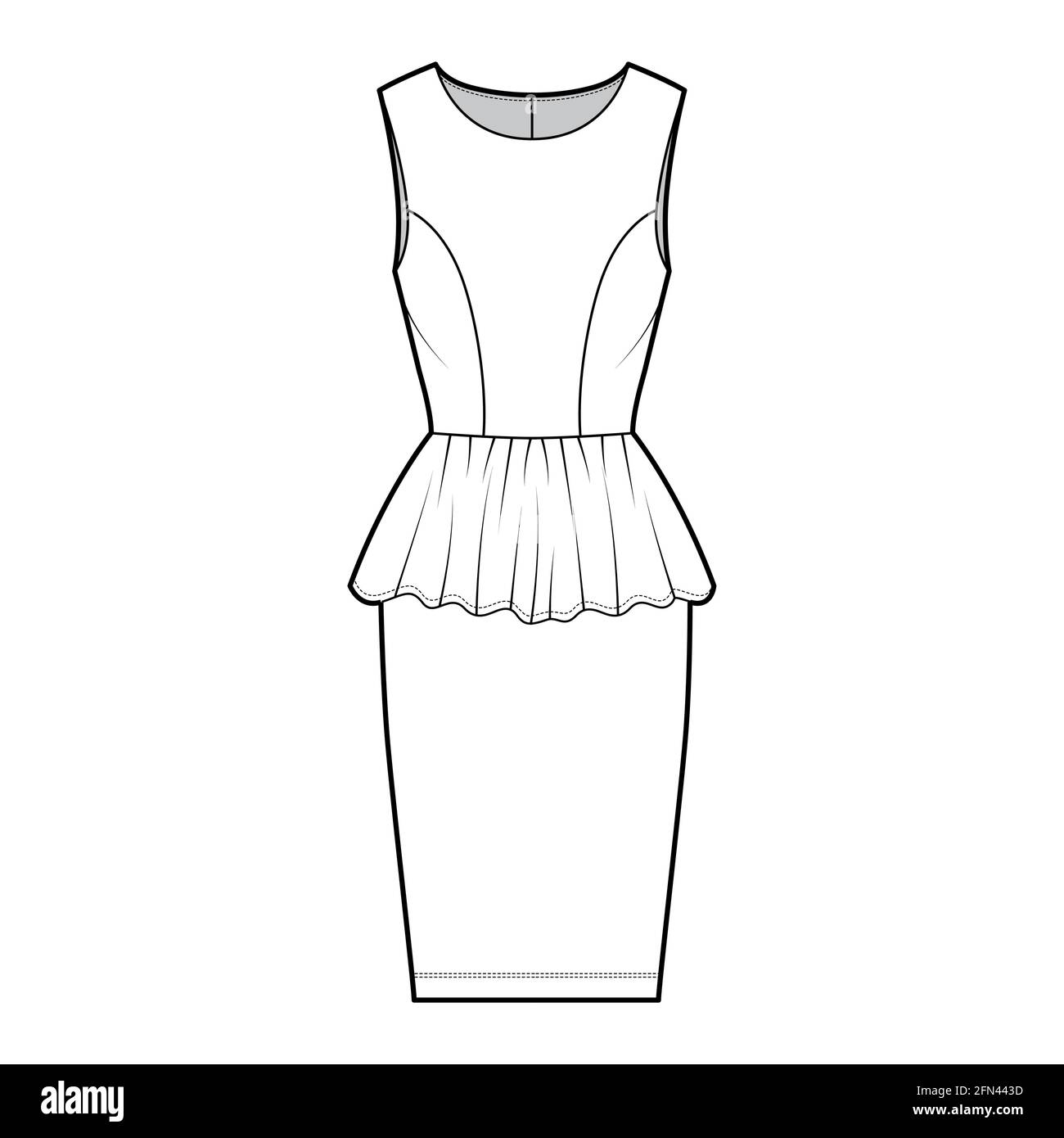 Vestido péplum técnica de moda ilustración con sin mangas, cuerpo ajustado, falda hasta la rodilla, cuello redondo. Ropa plana en la parte delantera, estilo de color blanco. Mujeres, unisex CAD mockup Imagen Vestido péplum técnica de moda ilustración con sin mangas, cuerpo ajustado, falda hasta la rodilla, cuello redondo. Ropa plana en la parte delantera, estilo de color blanco. Mujeres, unisex CAD mockup Imagen