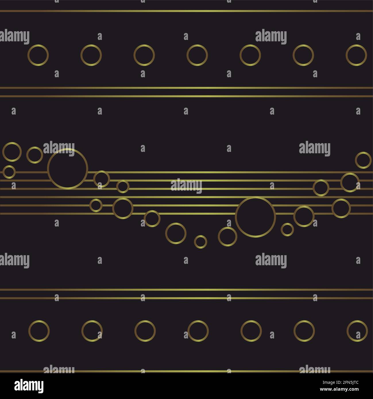 Patrón de repetición integrado. Círculos y líneas doradas sobre fondo marrón oscuro. Abstracto, elegante. Ilustración del Vector