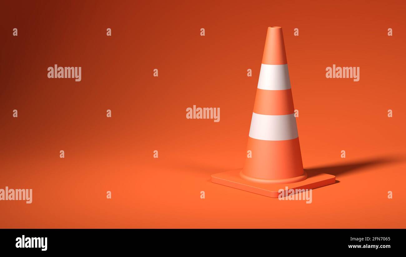 Cono de tráfico naranja aislado sobre fondo naranja. Marcadores en forma de cono. ilustración 3d. Foto de stock