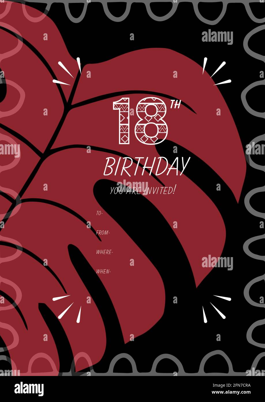 Composición del texto de fiesta de 18th cumpleaños con espacio de copia y.  patrón de hojas rojas sobre fondo negro Fotografía de stock - Alamy