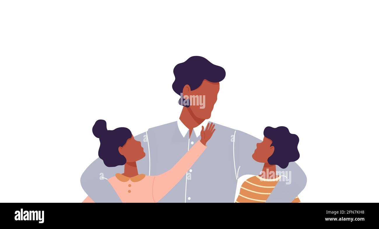 Un hombre africano abrazando a su hijo y a su hija. Papá sin rostro junto  con los niños. Padre hablando con sus hijos. Feliz familia. Bonitos  personajes de dibujos animados Fotografía de