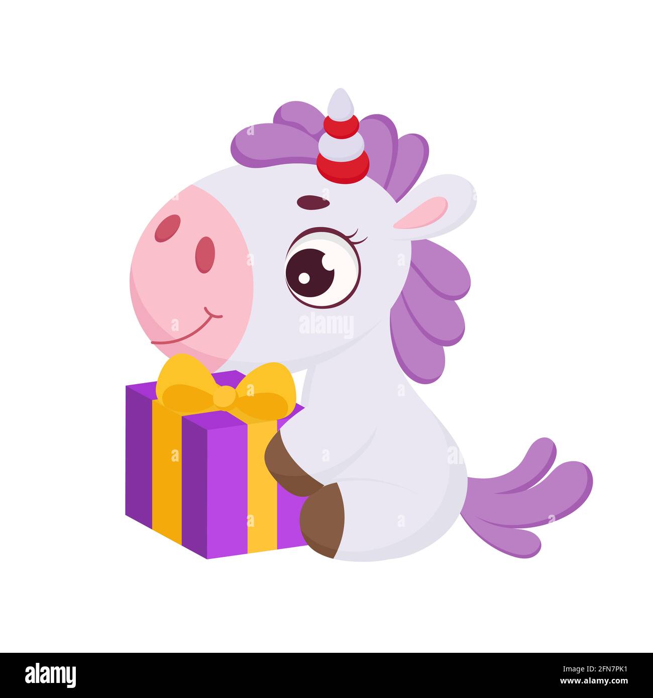 Lindo unicornio mágico sentado con caja de regalo. Divertido personaje de  dibujos animados magia unicornio para imprimir, tarjetas, ducha de bebé,  invitación, fondos de pantalla, decoración. Brillante Imagen Vector de  stock -