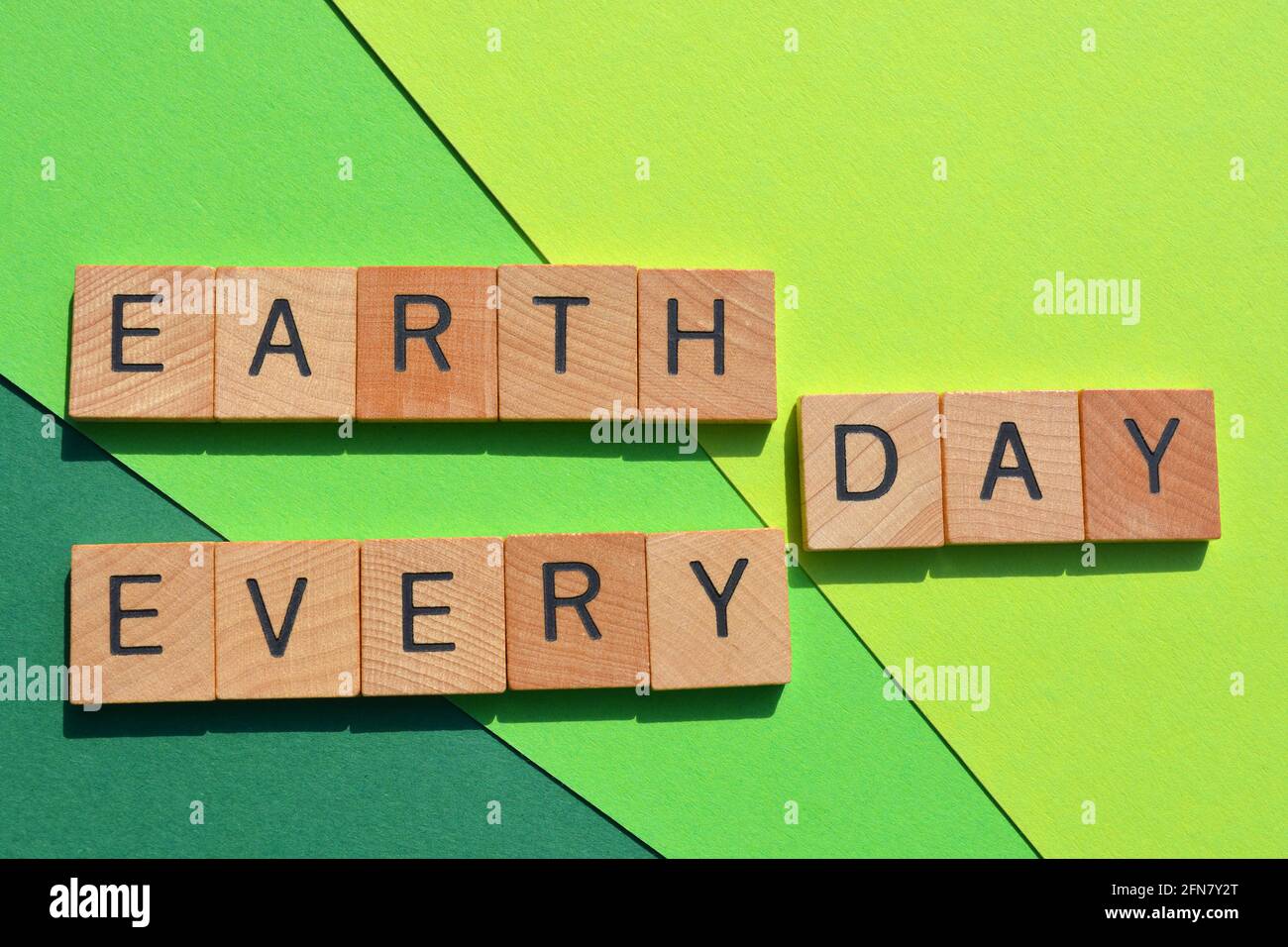 Día de la Tierra, todos los días, palabras en letras del alfabeto de madera aisladas sobre fondo verde Foto de stock