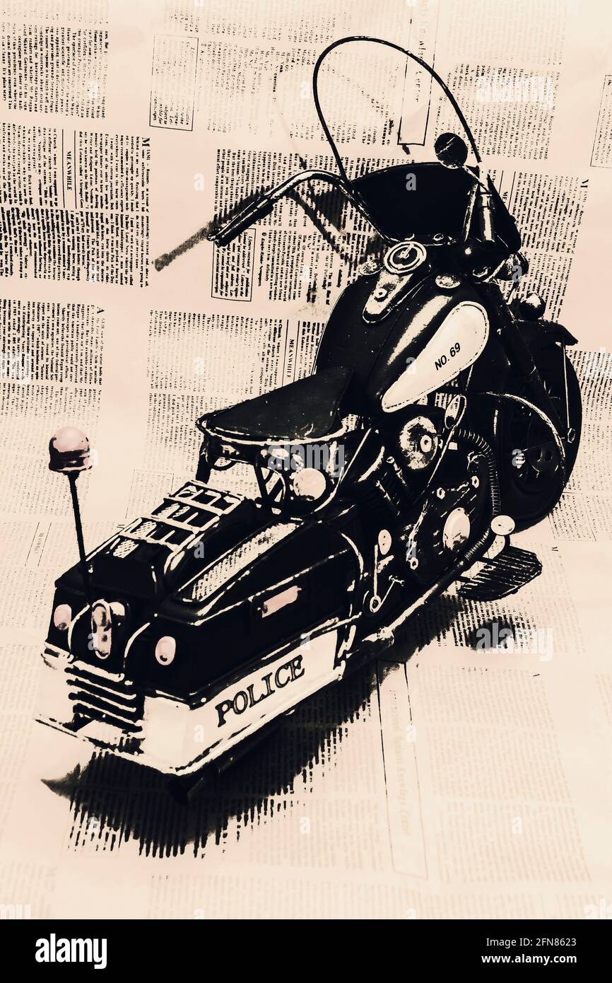 Arte de motoristas vintage en un picador de policía sobre el texto del estatuto y la promulgación. Inmóvil Foto de stock