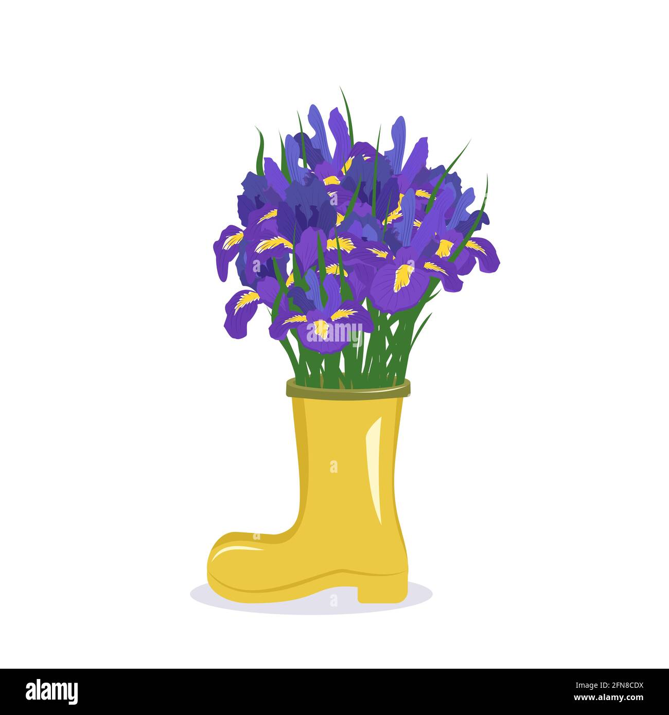 Flores moradas de primavera y verano en un jarrón. Un ramo de lirios en una bota amarilla como regalo. Diseño de interiores. Tienda de plantas Ilustración del Vector