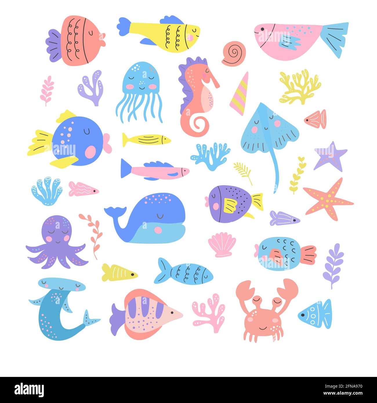 Conjunto de vida marina de dibujos animados - ballena, pulpo, cangrejo,  medusas, peces y algas. Gráficos vectoriales, sobre fondo blanco. Para  decorar cuadernos Imagen Vector de stock - Alamy