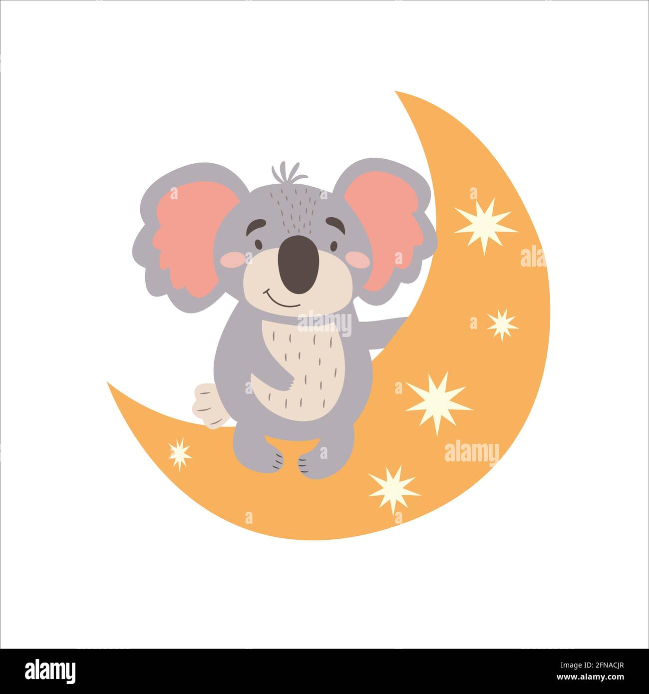 Imagen con lindo koala de dibujos animados en una luna. Gráficos  vectoriales sobre fondo blanco. Para el diseño de pósters, postales,  portadas de cuaderno, niños Imagen Vector de stock - Alamy