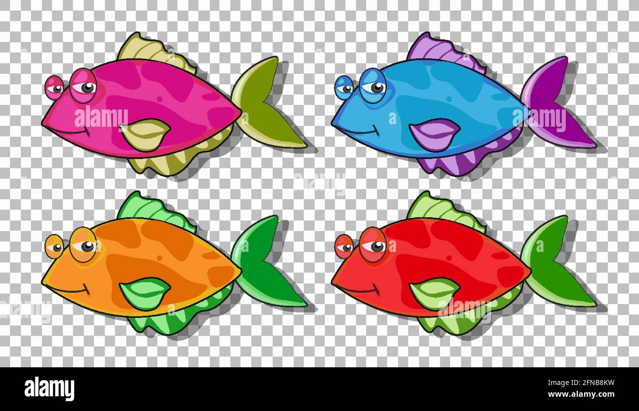 Conjunto de muchos peces divertidos dibujos animados carácter aislado en  transparente ilustración de fondo Imagen Vector de stock - Alamy