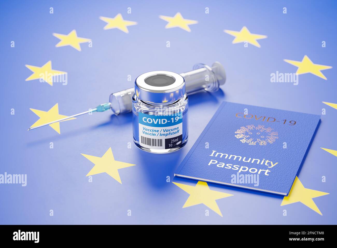Pasaporte de Inmunidad para Europa Concepto: Un vial de vacuna Covid-19, una jeringa y un pasaporte de inmunidad se embolsaron sobre un fondo de bandera de la UE en azul con yello Foto de stock