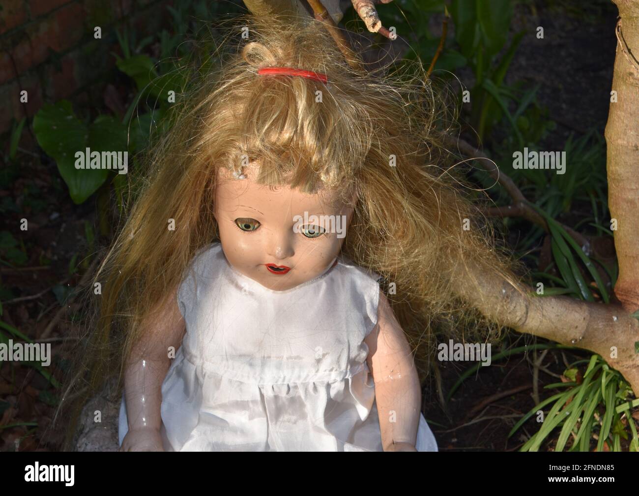 Un ángulo alto de una vieja muñeca creepy en el jardín Fotografía de stock  - Alamy
