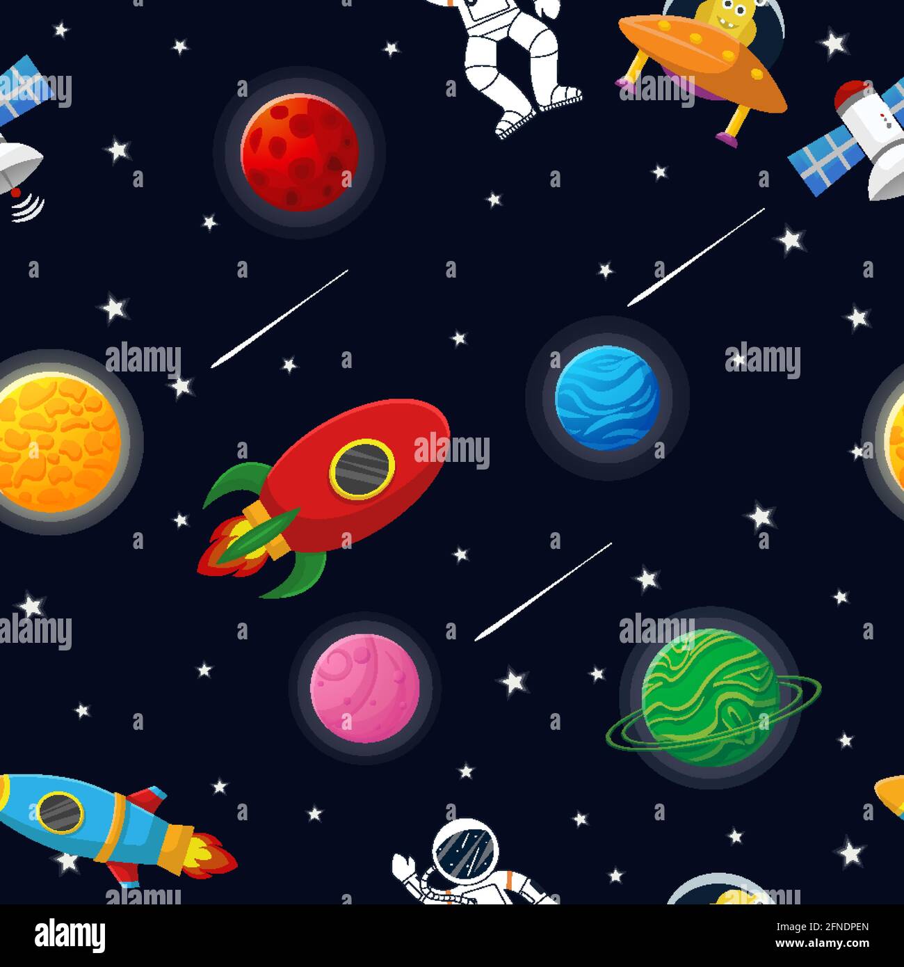 Tejido cósmico para niños. Astronauta con cohete y alienígena en el espacio  abierto Diseño Cute para niños tela y papel para envolver. Dibujos animados  planos estilo gracioso cos Imagen Vector de stock 