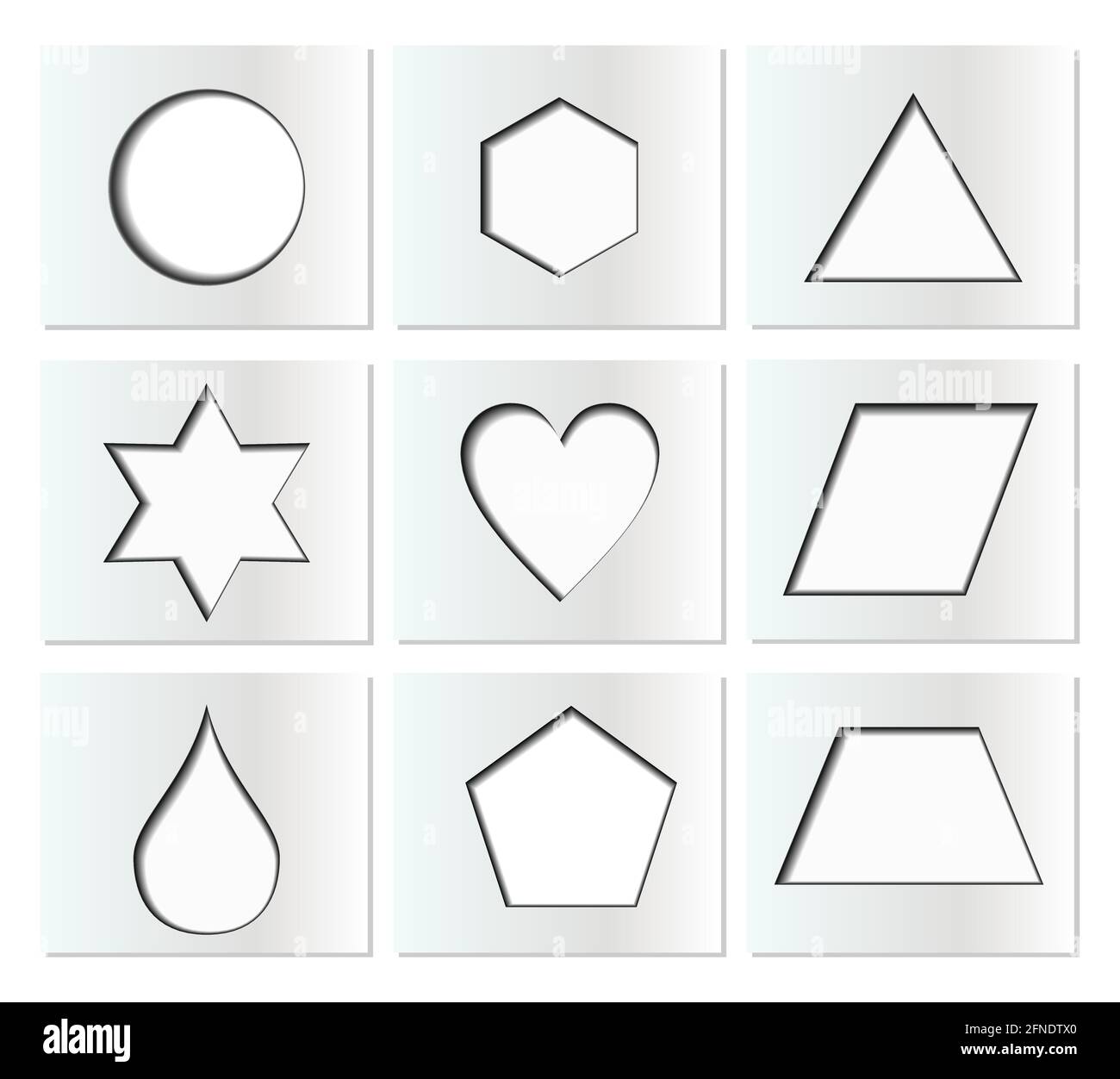 Plantilla para formas geométricas simples con sombra interior: Círculo,  hexágono, triángulo, estrella, corazón, gota, pentágono, trapezoide,  romboide. Nueve aislados pa Imagen Vector de stock - Alamy