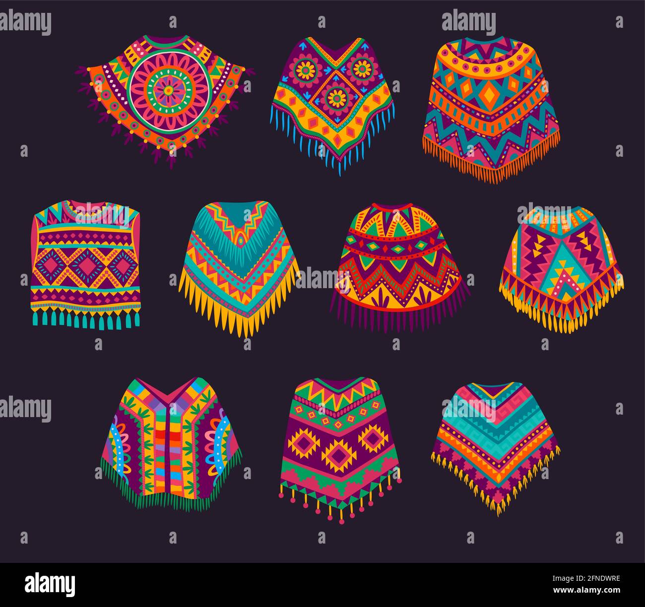 Poncho mexicano de dibujos animados, vestido tradicional vectorial de  México, decorado con un patrón étnico brillante de rayas coloridas,  ornamentos florales y flecos Imagen Vector de stock - Alamy