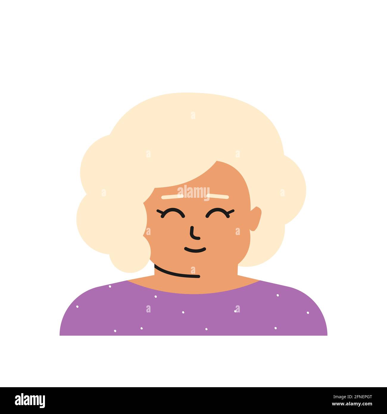 Ilustración vectorial plana aislada con retrato de carácter de dibujos animados. Avatar de la niña caucásica con pelo rubio rizado, piel brillante, hermosa fa Ilustración del Vector