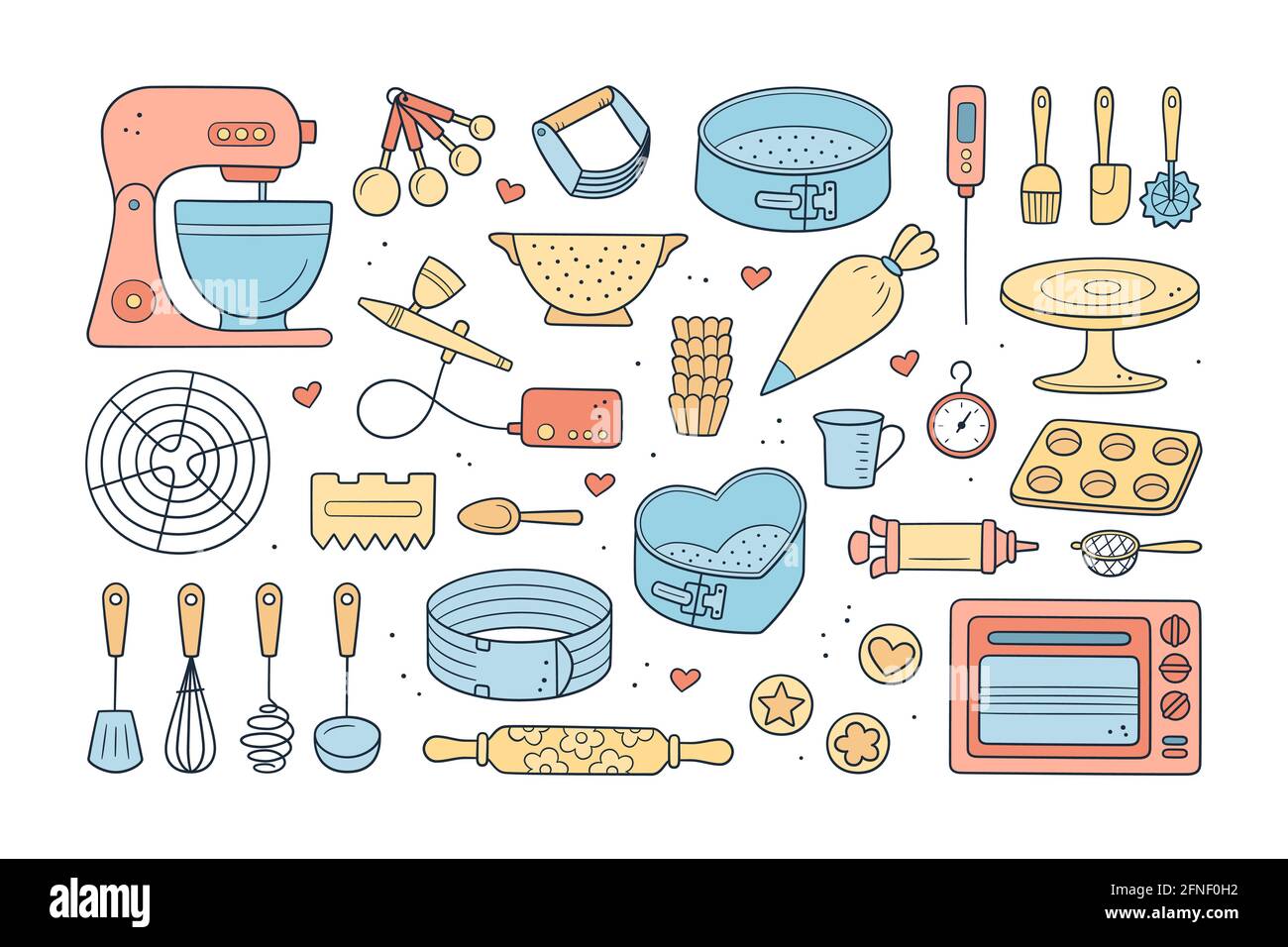 Un conjunto de herramientas para hacer pasteles, galletas y pasteles.  Herramientas de confitería de tallarines: Mezcladora de masa estacionaria  planetaria, bandejas de hornear y bolsa de pastelería. Mano Imagen Vector de  stock -