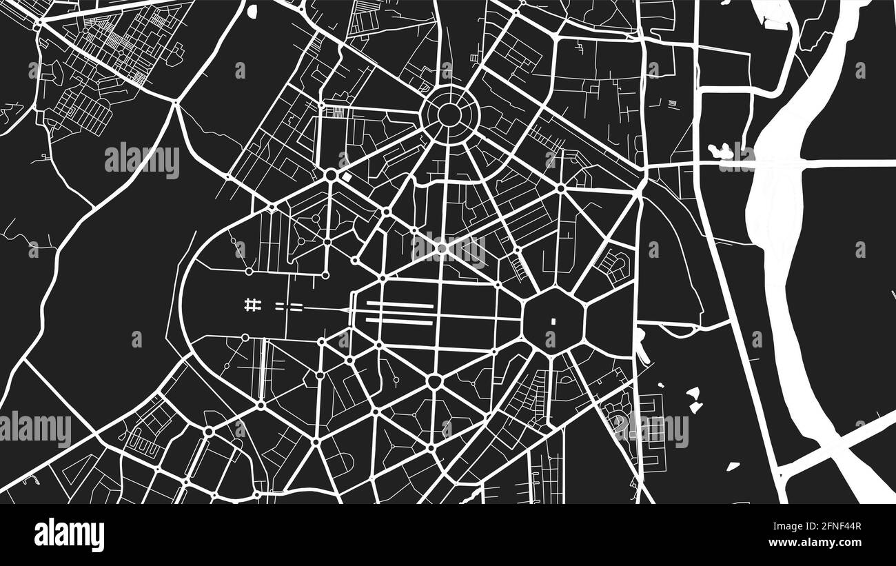 Mapa de fondo vectorial del área de la ciudad de Delhi en blanco y negro, calles e ilustración cartográfica del agua. Formato panorámico, diseño plano digital streetma Ilustración del Vector