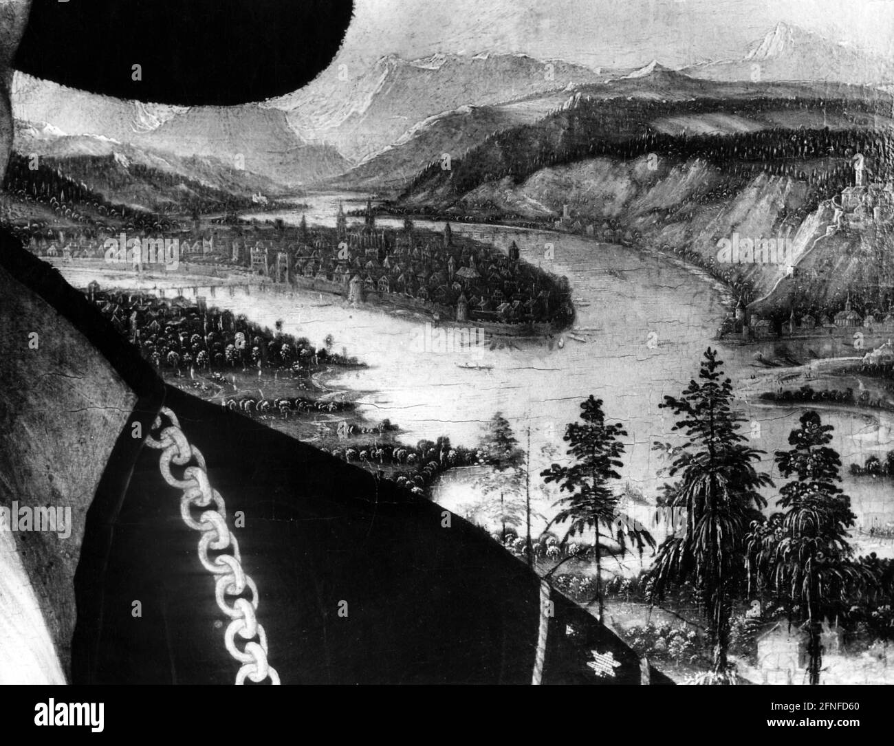 La fotografía muestra un detalle del retrato de Hans von schönitz, pintado por Konrad Faber en 1533. Muestra la ciudad de Passau con el Dreiflüsseeck y el Veste Oberhaus (derecha). Las montañas del Bosque Bávaro se pueden ver en el fondo. [traducción automática] Foto de stock