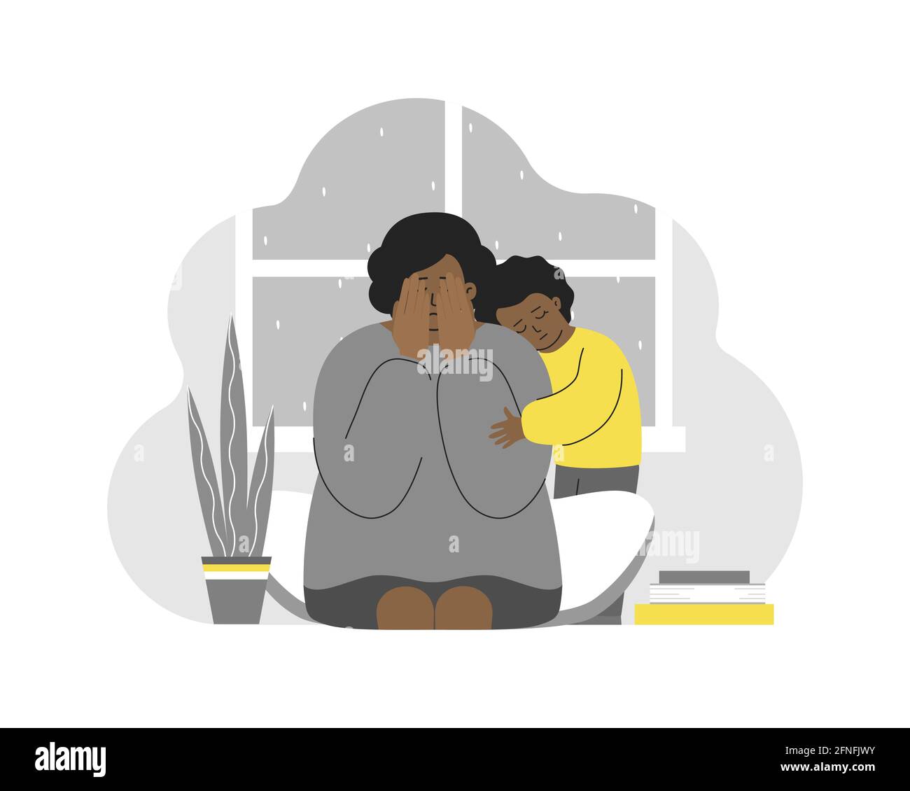 Ilustración vectorial con mujer llorando cansada. Una niña afroamericana abraza a mamá. Depresión posparto, agotamiento emocional, estrés. La hija siente por la polilla Ilustración del Vector