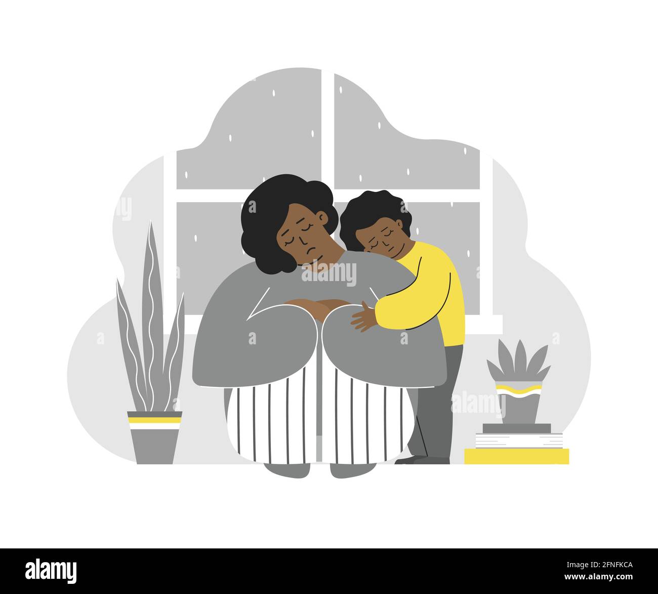 Vector plano ilustración aislada con madre solitaria cansada. La hija afroamericana abraza a su triste mamá. Depresión posparto y estrés emocional. Di Ilustración del Vector