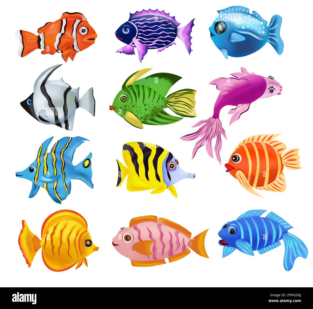 Colección Tropicals peces de colores. Addis Butterfish, el pez ángel francés, el pez arrecife, el pez payaso, y otros. Mundo submarino, Cartoon carácter. Icono de 3D vectores. Ilustración del Vector