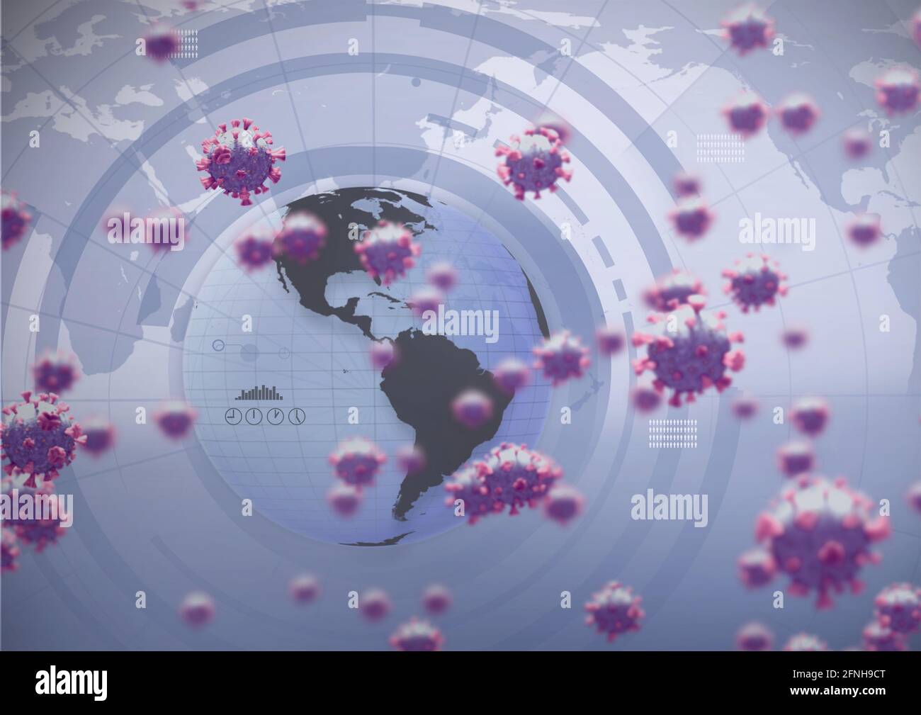 Células del virus Corona flotando sobre el mapa mundial y el globo, covid-19 y conceptos de pandemia Foto de stock