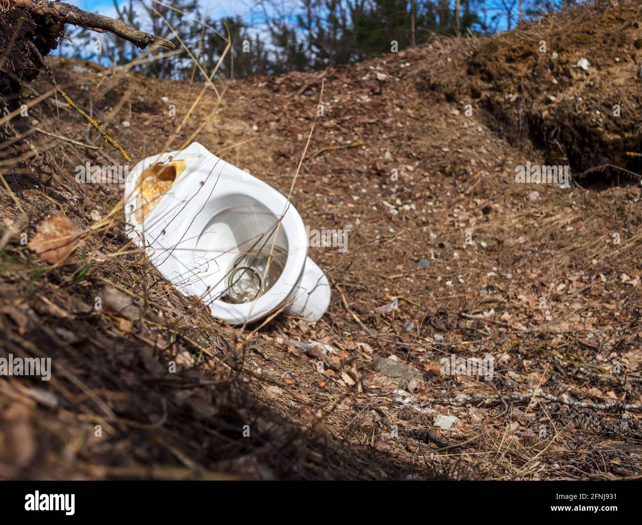 La basura del inodoro. Contaminación del bosque por basura doméstica sobre la naturaleza. Un montón de basura. se ha roto el inodoro de cerámica desechado en un pantano con otro concepto de ambiente de basura. Contaminante Foto de stock