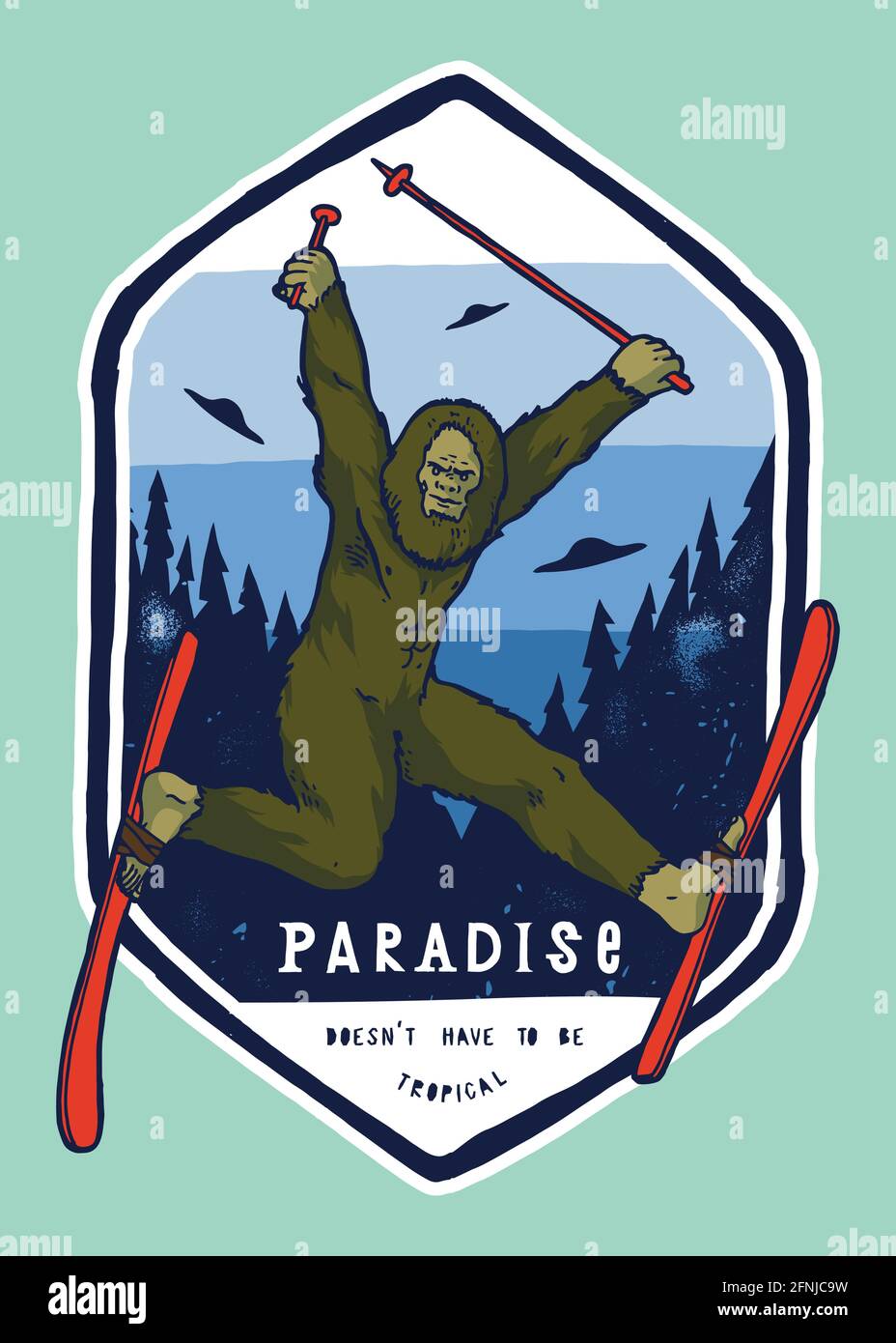 Bigfoot esquí en las montañas y ser divertido con un OVNI platillos volando  sobre. Escudo de montaña de invierno Sasquatch. Divertido deporte de  invierno camiseta estampado enfermo Imagen Vector de stock -