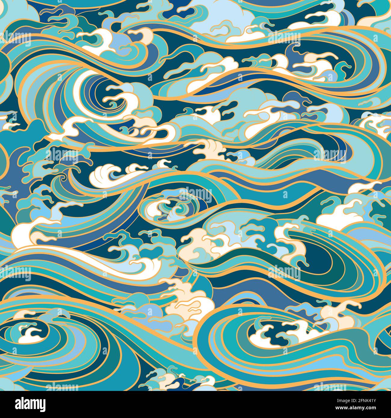 Diseño marino sin costuras con olas de agua de estilo oriental Ilustración del Vector