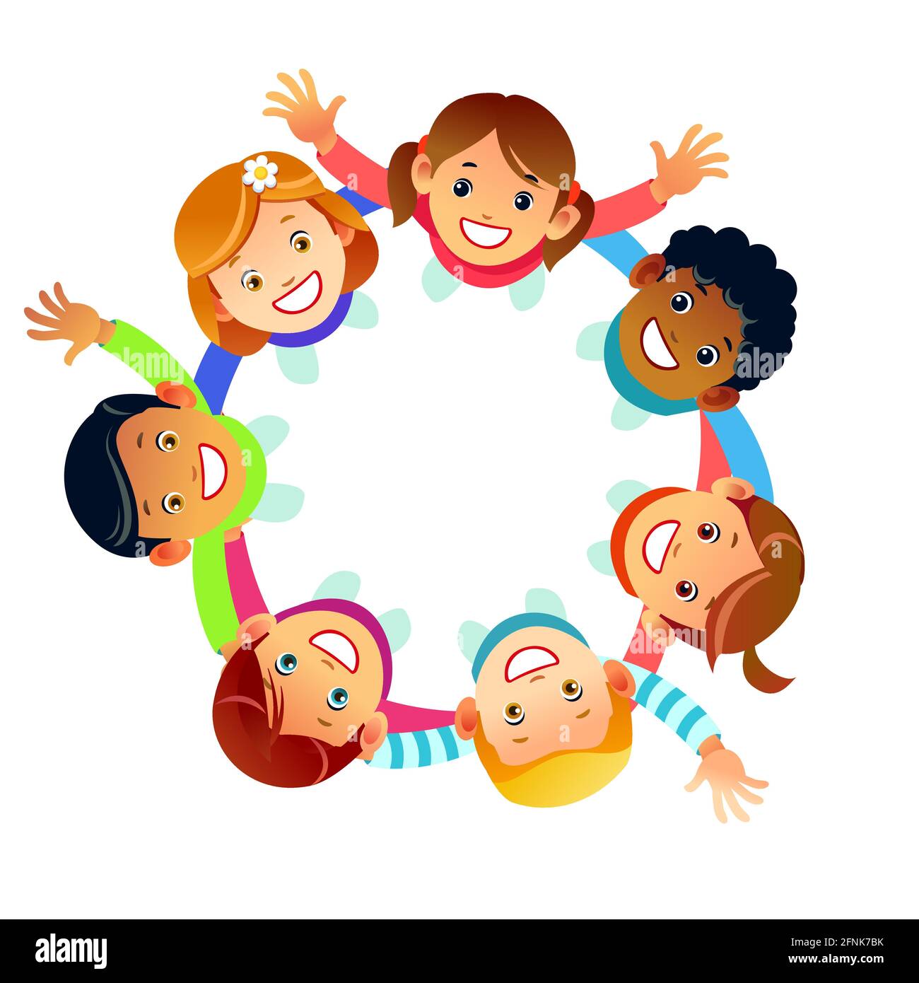 Tarjeta de felicitación del Día de la Amistad Feliz ilustración del círculo  de grupo de niños diversos sujetando las manos desde el ángulo de visión  superior. Concepto de amor de amigo para