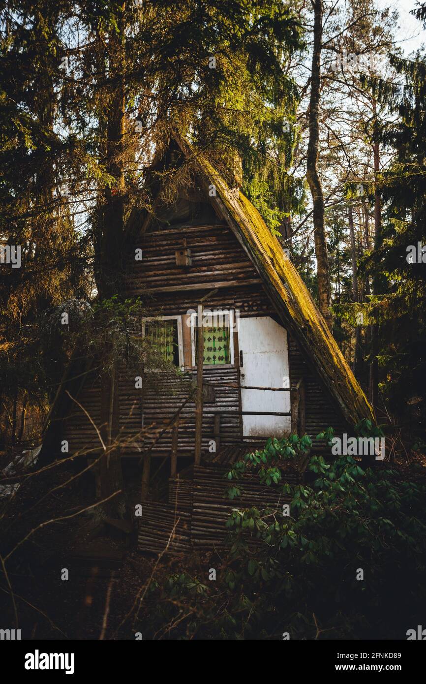 Cabaña forestal abandonada, pequeña y antigua casa en el bosque Fotografía  de stock - Alamy