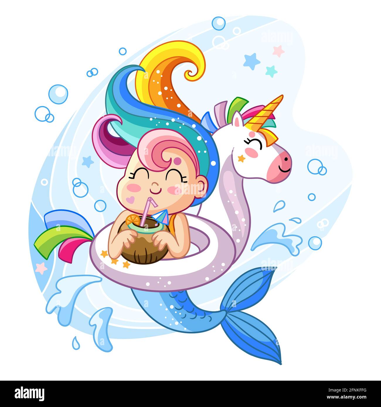 Lindo personaje de sirena kawaii en círculo inflable en forma de unicornio.  Ilustración aislada de dibujos animados vectoriales. Ilustración de stock.  Para camiseta y appa Imagen Vector de stock - Alamy