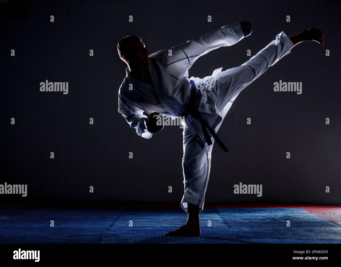 Concepto de combate. Combatiente en kimono. Hombre de karate en posición de Seguir luchando de stock - Alamy